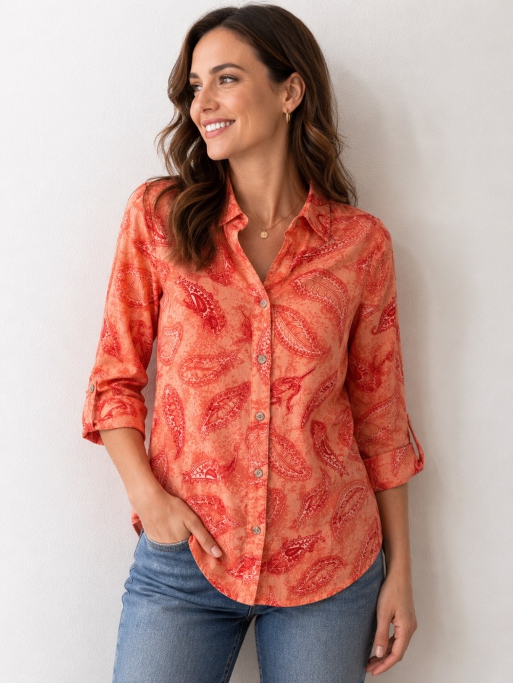 Columbia Coral Paisley Button Down Blouse Women’s Medium 3/4 Sleeve Lightweight
